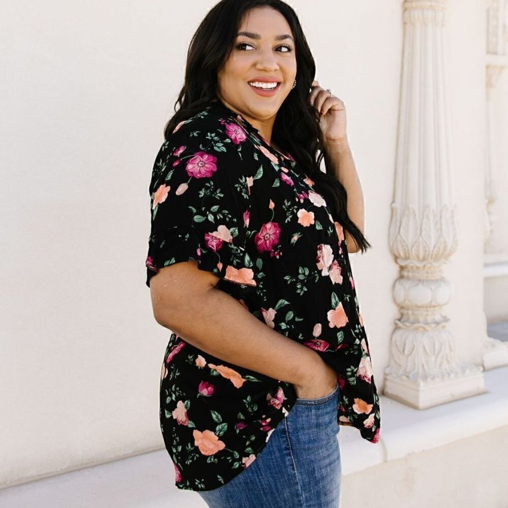 ninexis Black Blouse w/ Orange & Pink Flowers - Picture 3 of 5